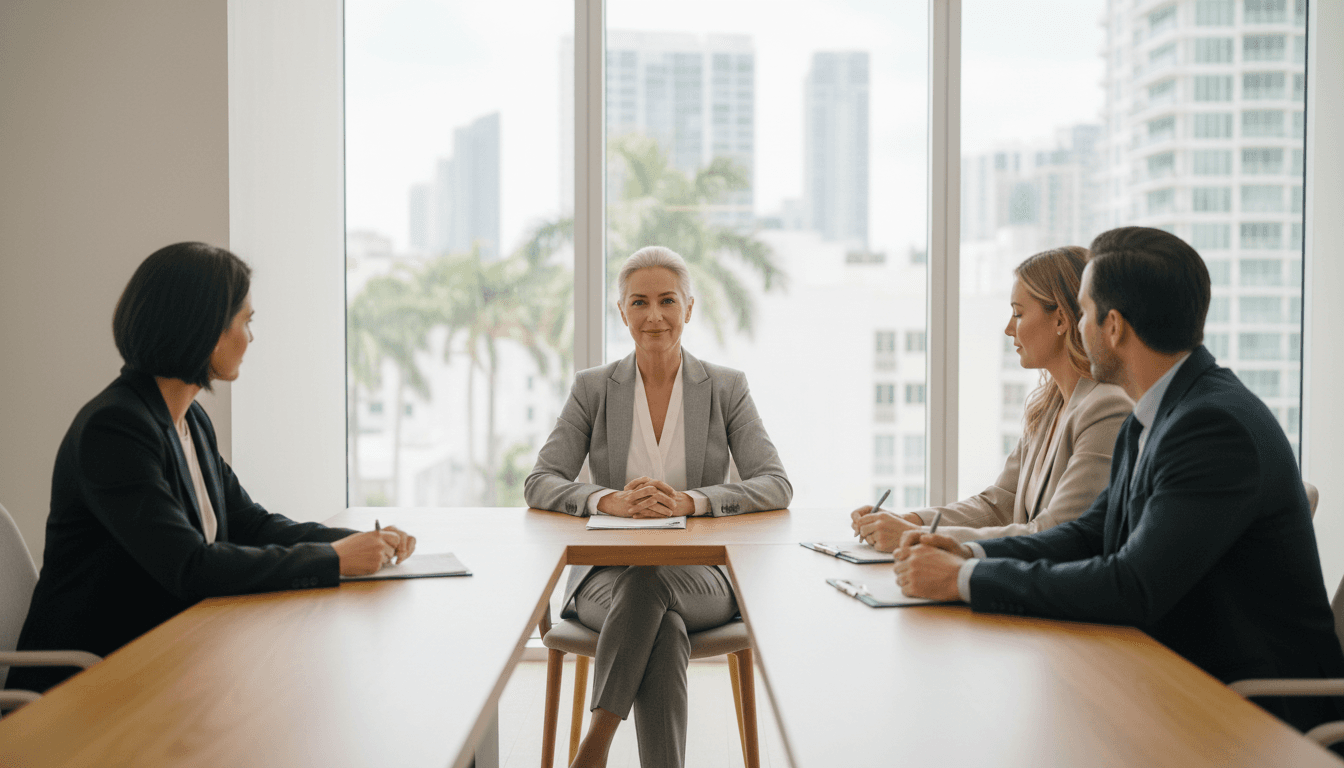 Senior consultant in a bright Miami office meeting with a client around a wooden table