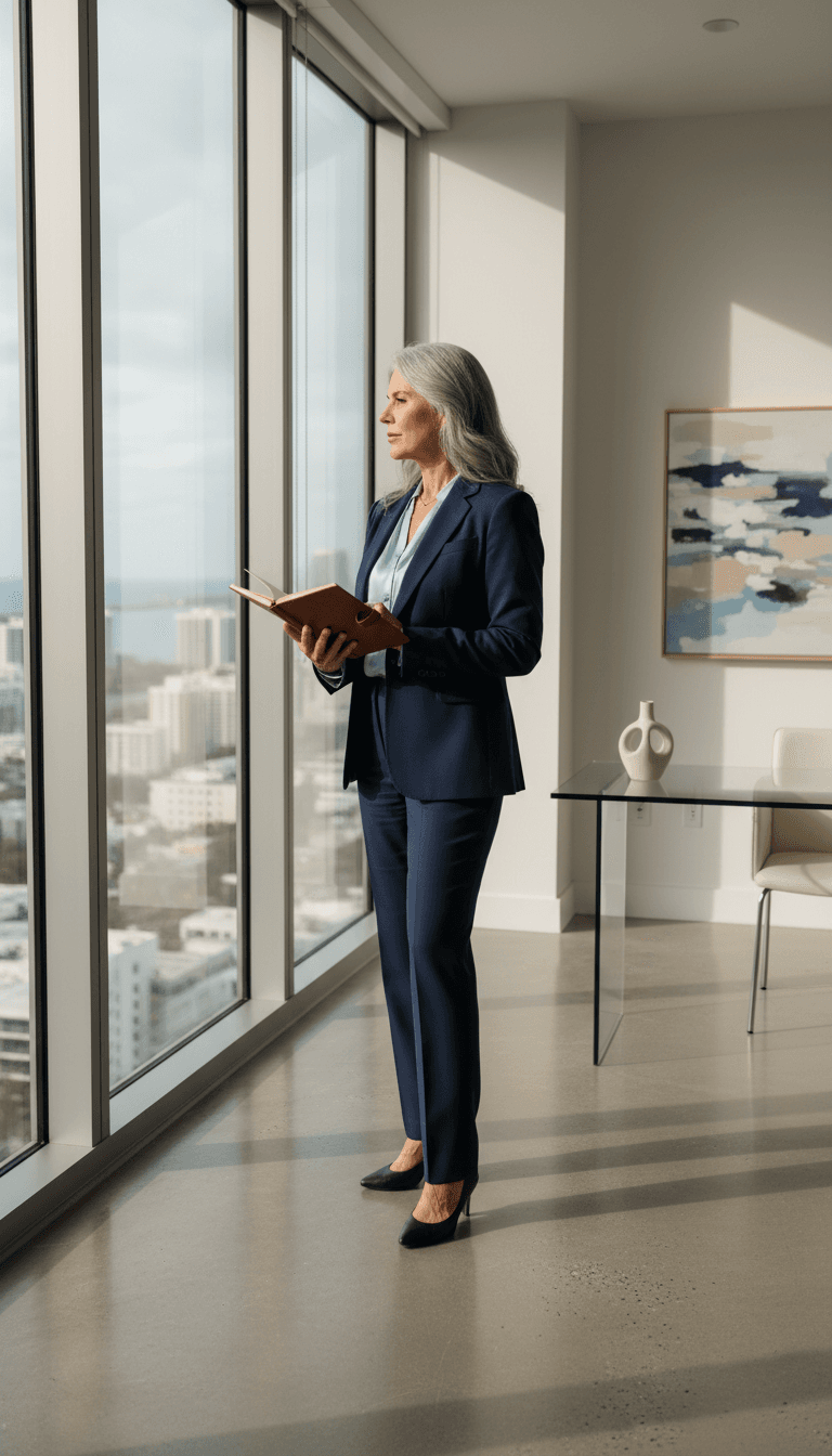 Senior consultant overlooking Miami skyline from an office window