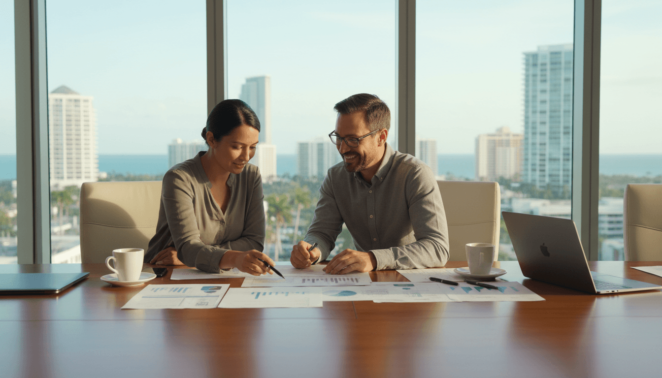 Consultant reviewing strategic documents with a client in a Miami office