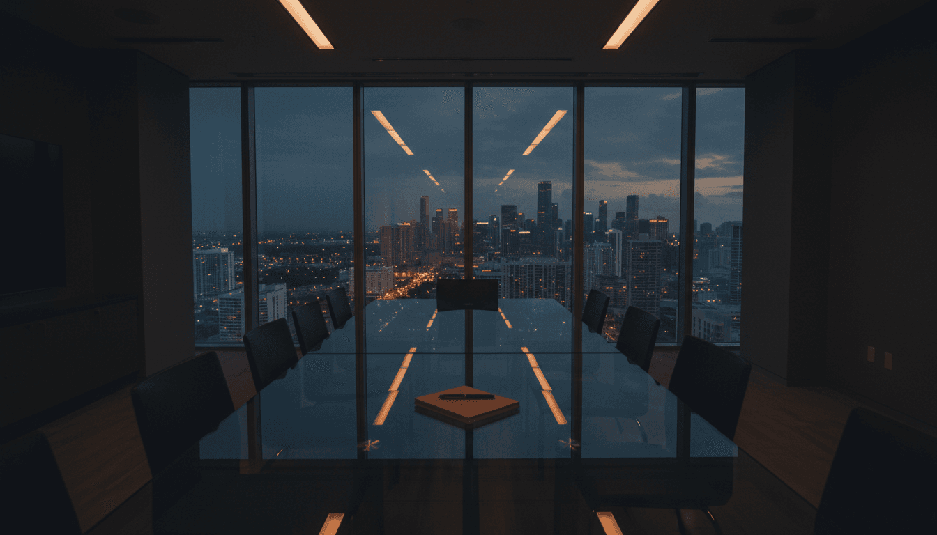 An empty glass conference room in Miami at dusk with a notepad and pen centered on the table