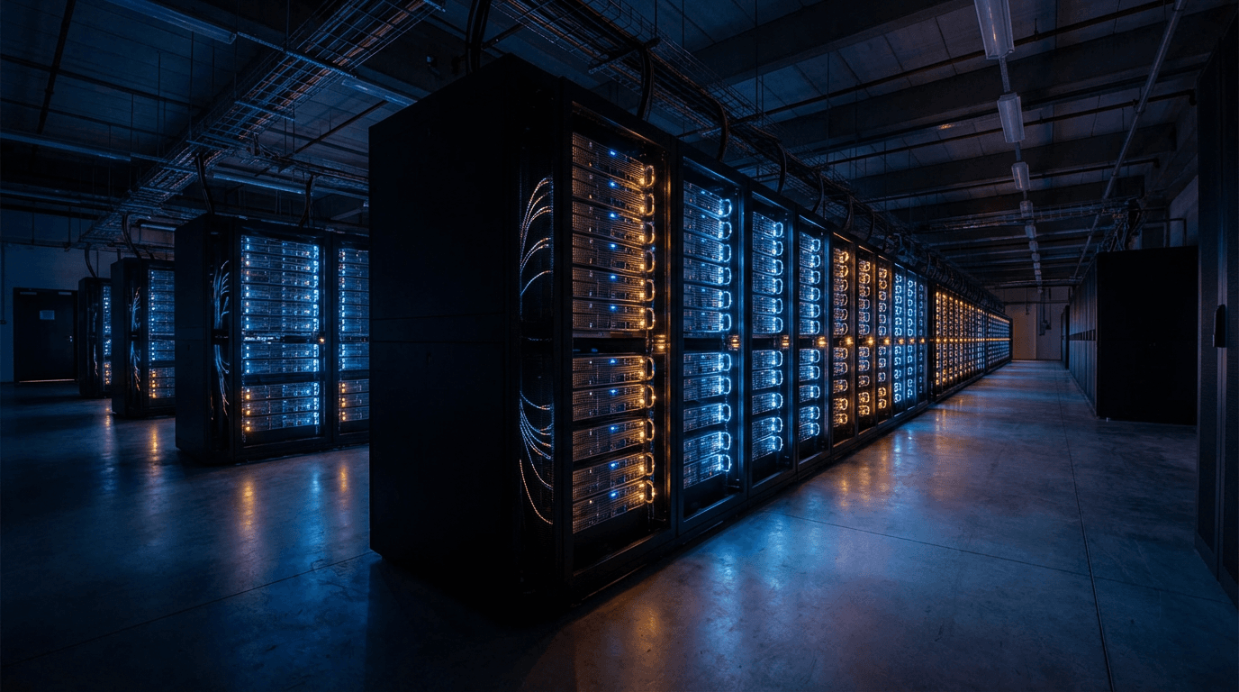 Illuminated data center corridor stretching into distance with glowing server racks and blue-amber LED lights